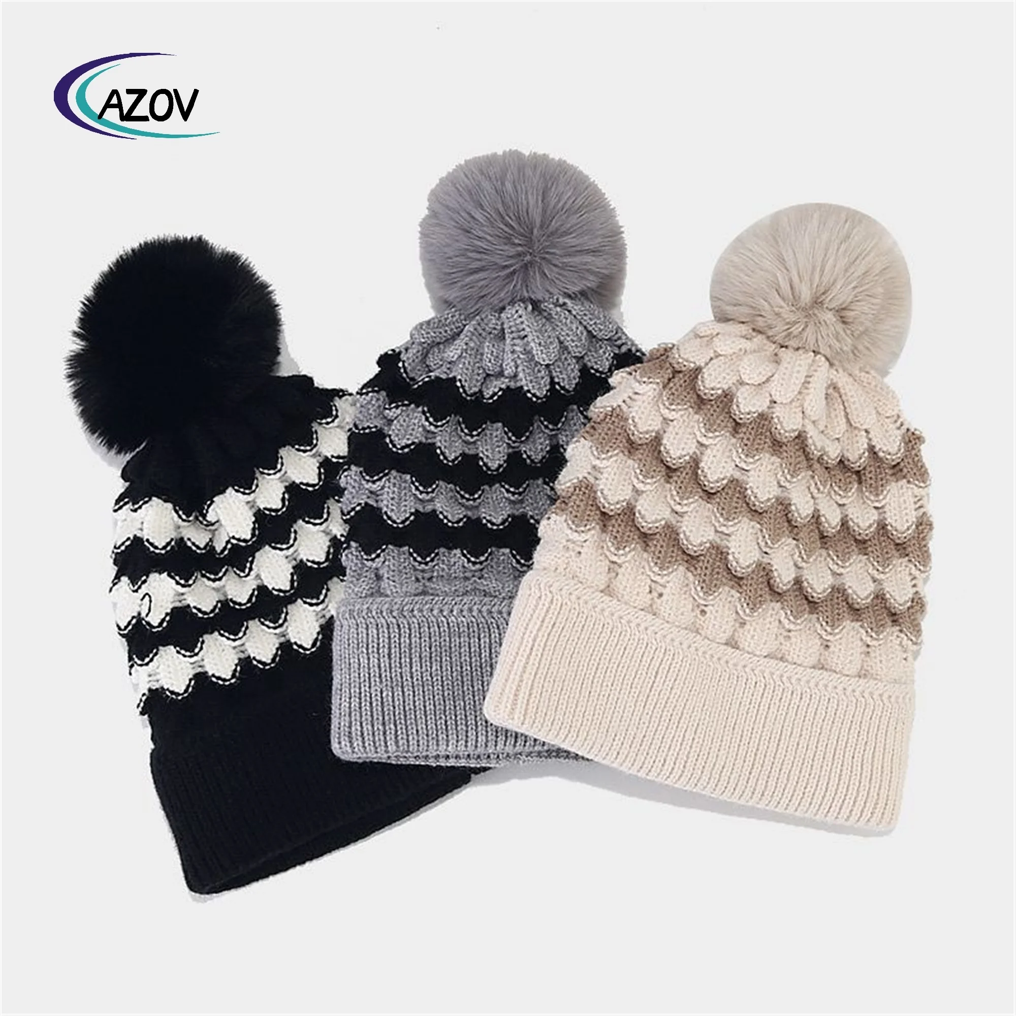 fashion new style contrast color stripes fur ball knitted hat ladies outdoor travel shopping warm wool hat wholesale
