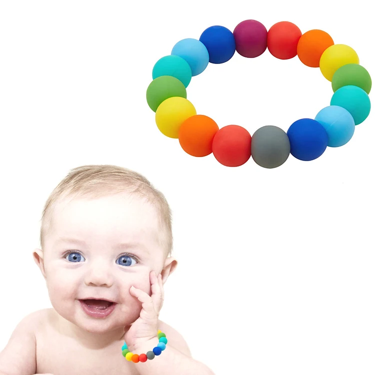 Wholesale Amazon BPA Free Baby Teething Bracelet Rings Durable Rainbow Color Food Grade Silicone Beads Baby Teether