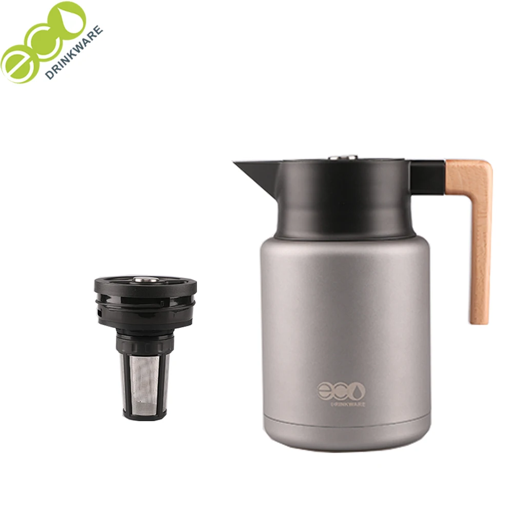 GT006 Eco-friendly Double Wall Vacuum 304 Stainless Steel wood lid Thermos Vacuum coffee flask tea pot with infuser