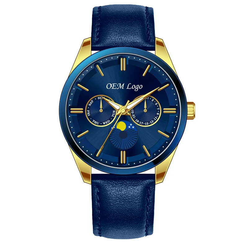 Manufacturer custom made brand logo moonphase watch japan movt quartz stainless steel bezel roles men gold luxury watches