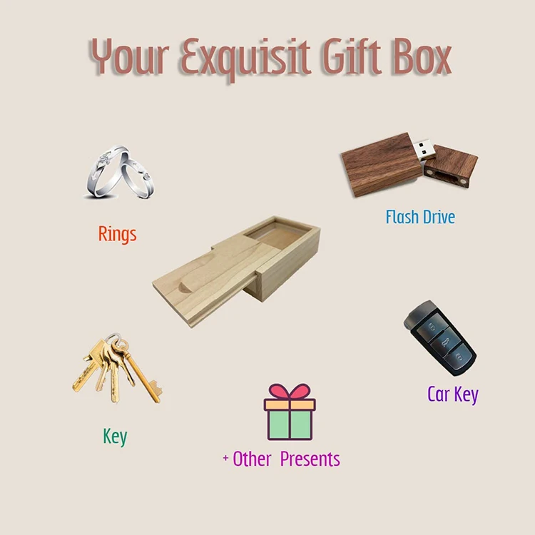 
Factory Cheap Best-Selling Creative Hidden Drawer Sliding Lid Wooden Coin USB Wedding Gift Photo Gift Box 