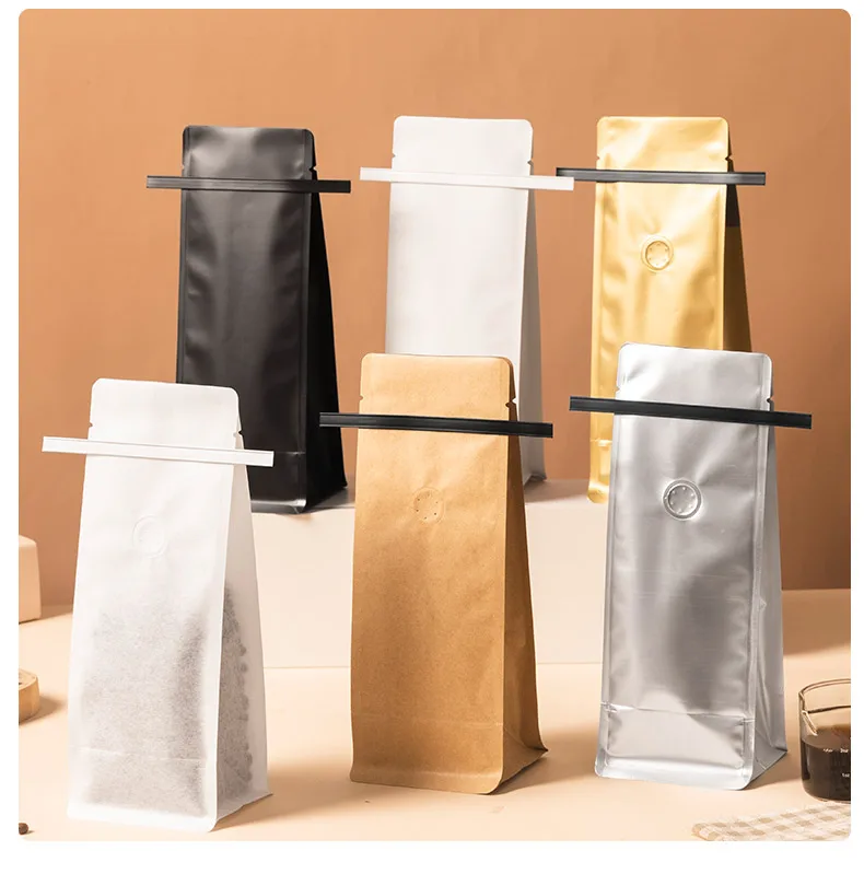 T-Ziplock Aluminum Foil Flat Bottom Stand up Pouch With Gusset Coffee Bean Packaging Resealable Bags With Valve 4OZ 8OZ 16OZ 1kg