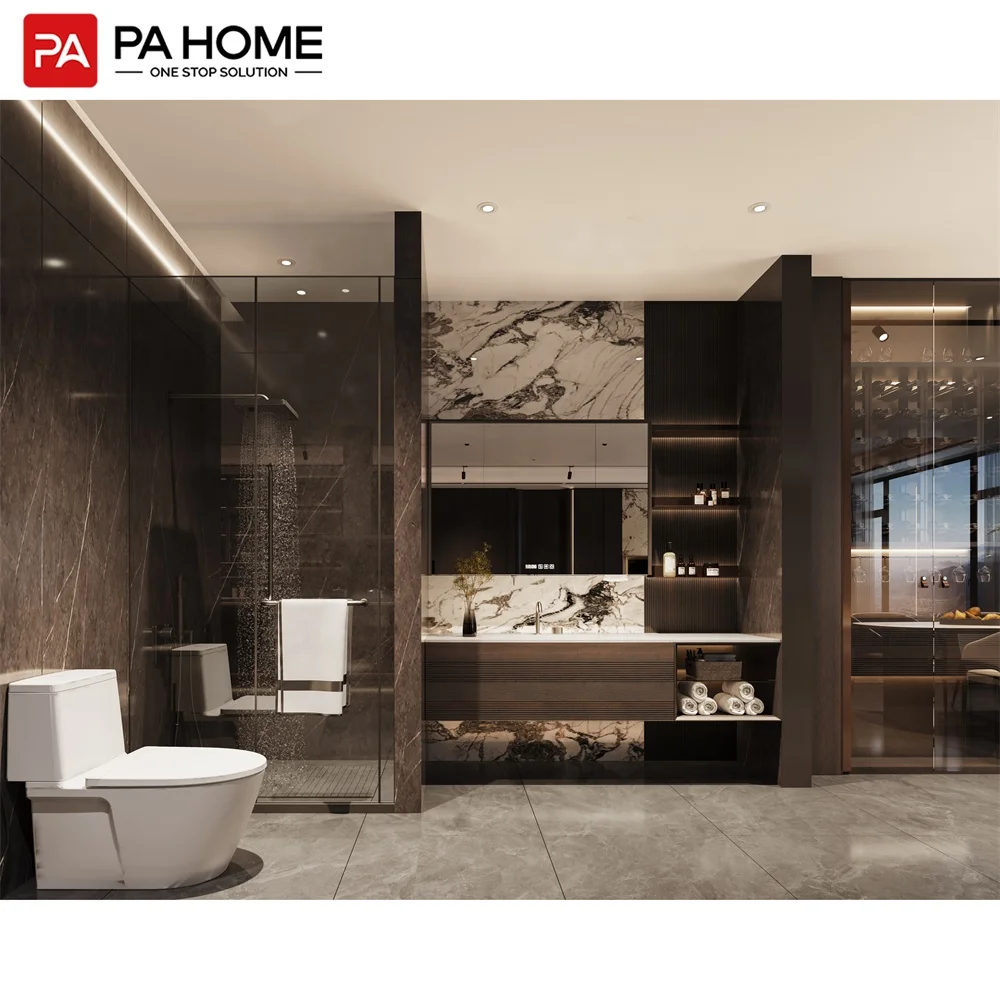 PA floating double sink vanity with mirror lights wash basin for hotel bathroom cabinet