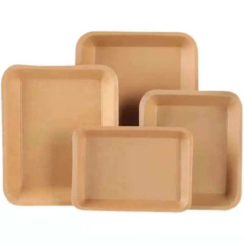 Eco-Friendly Disposable Kraft Paper Plate Tray Supermarket Packing Flat Tray with Cling Film Wrap