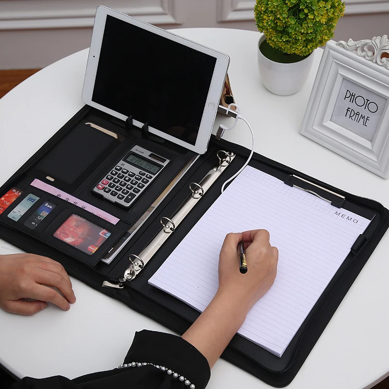 A4 Wireless Charging Multifunctional Leather Folder Mobile Power Business Document Portfolio with Zipper Handheld File Organizer