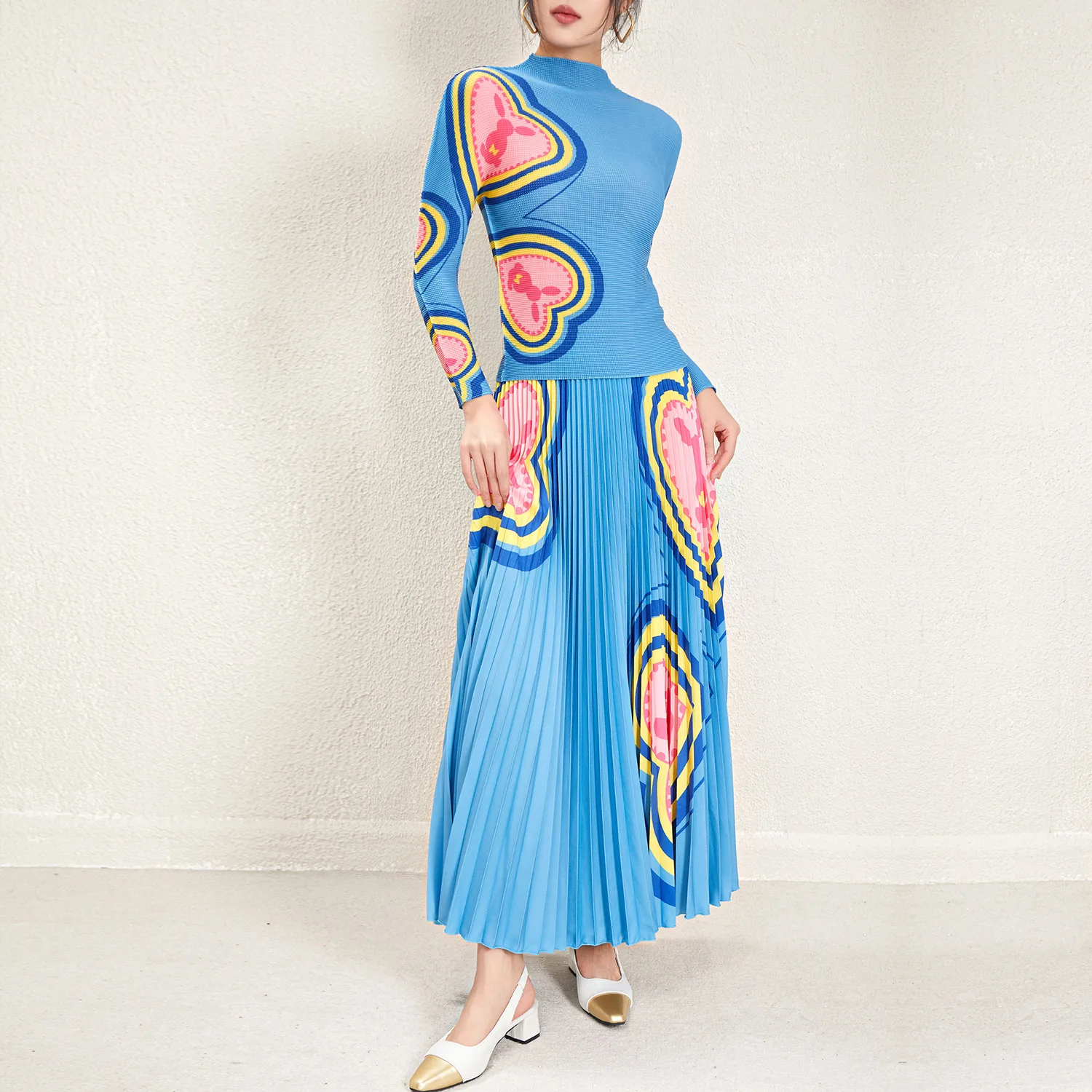 Wholesale Pleated Skirt Set 2024 Latest Accept Custom Printed Long Sleeve Top Printed Long Pleated Skirt Two Piece Set