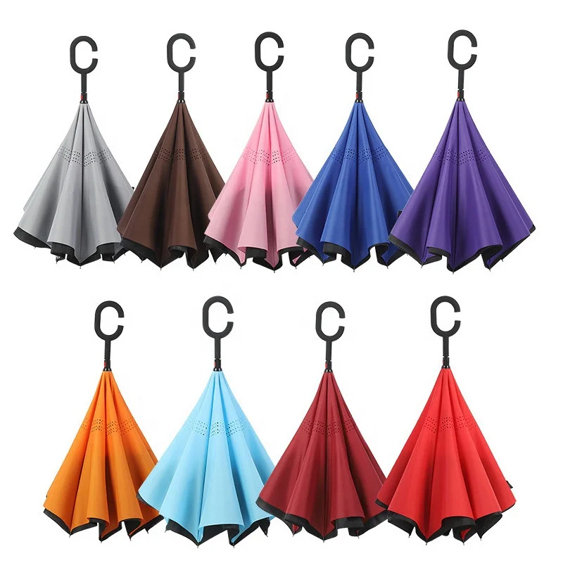 inverse car Umbrella with logo prints Custom Double Layer Inside Out C Shape Handle design inverted Folding Reverse Umbrella