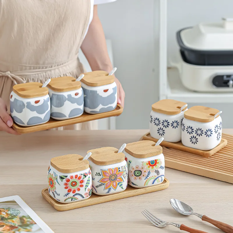 Kitchen Organizer And Storage Container Ceramic Seasoning Cans Salt Pepper Sugar Spice Storage Jars