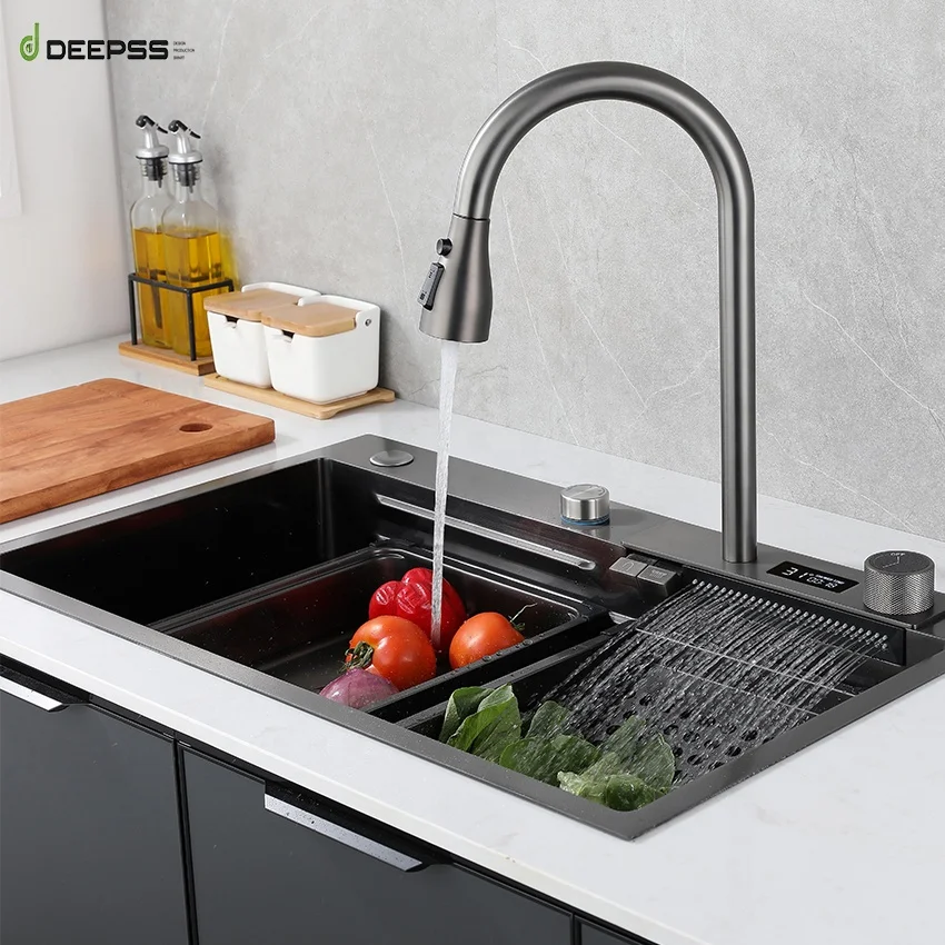 DEEPSS полный комплект санитарной посуды, раковина с двойной чашей, смеситель для раковины «Водопад», кран для кухни из нержавеющей стали