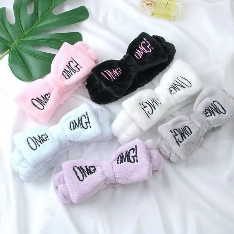 Wash Hairband Face Scarf Elastic Headband Embroidered OMG Letters Hair Accessories Bow Coral Fleece Spa