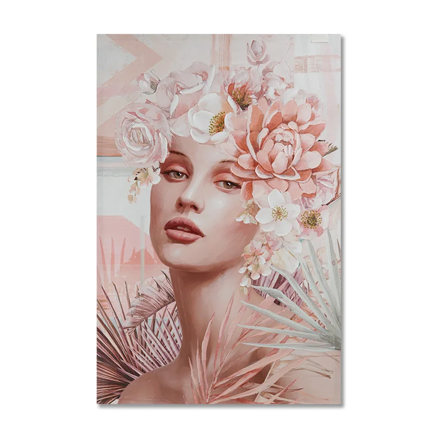 New arrival design modern fashion elegant lady with sweet flowers decoration hand painting home decor