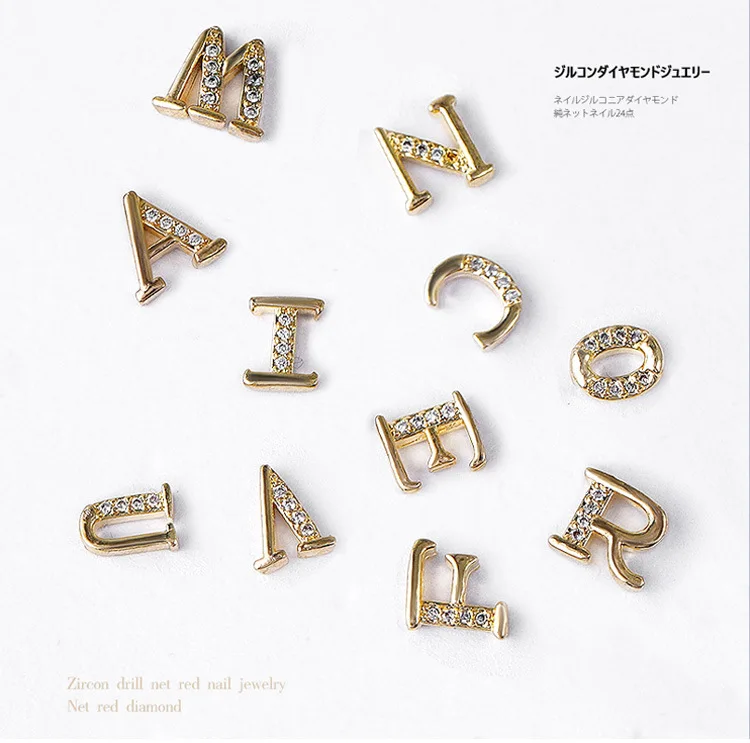 New LZ manicure 26-letter zircon jewelry Japanese manicure Internet celebrity luxury gold plated zircon nail drill