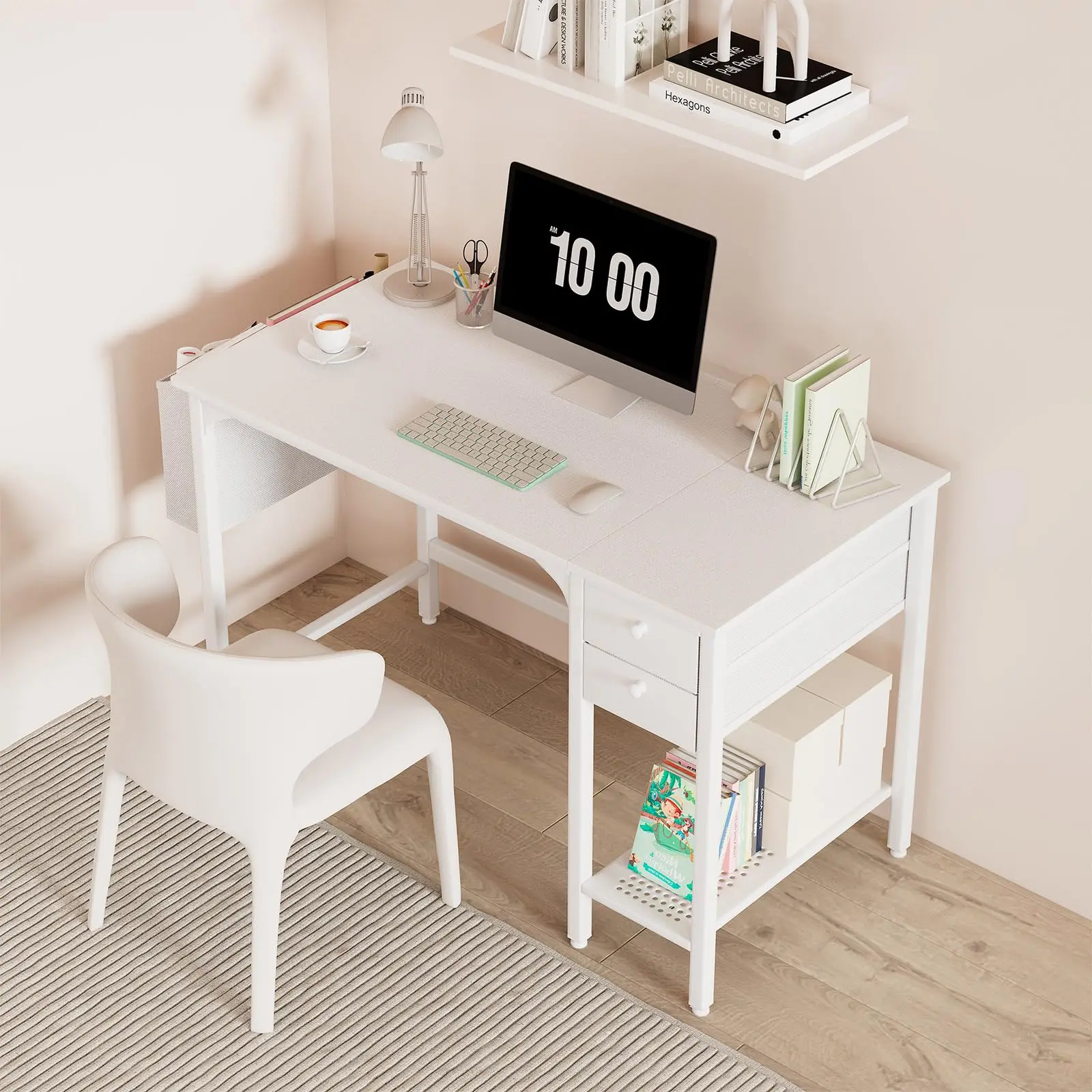 White Small Desk With Drawers - 40 Inch Computer for Space Home Office Modern Simple Study Writing Table PC Desks