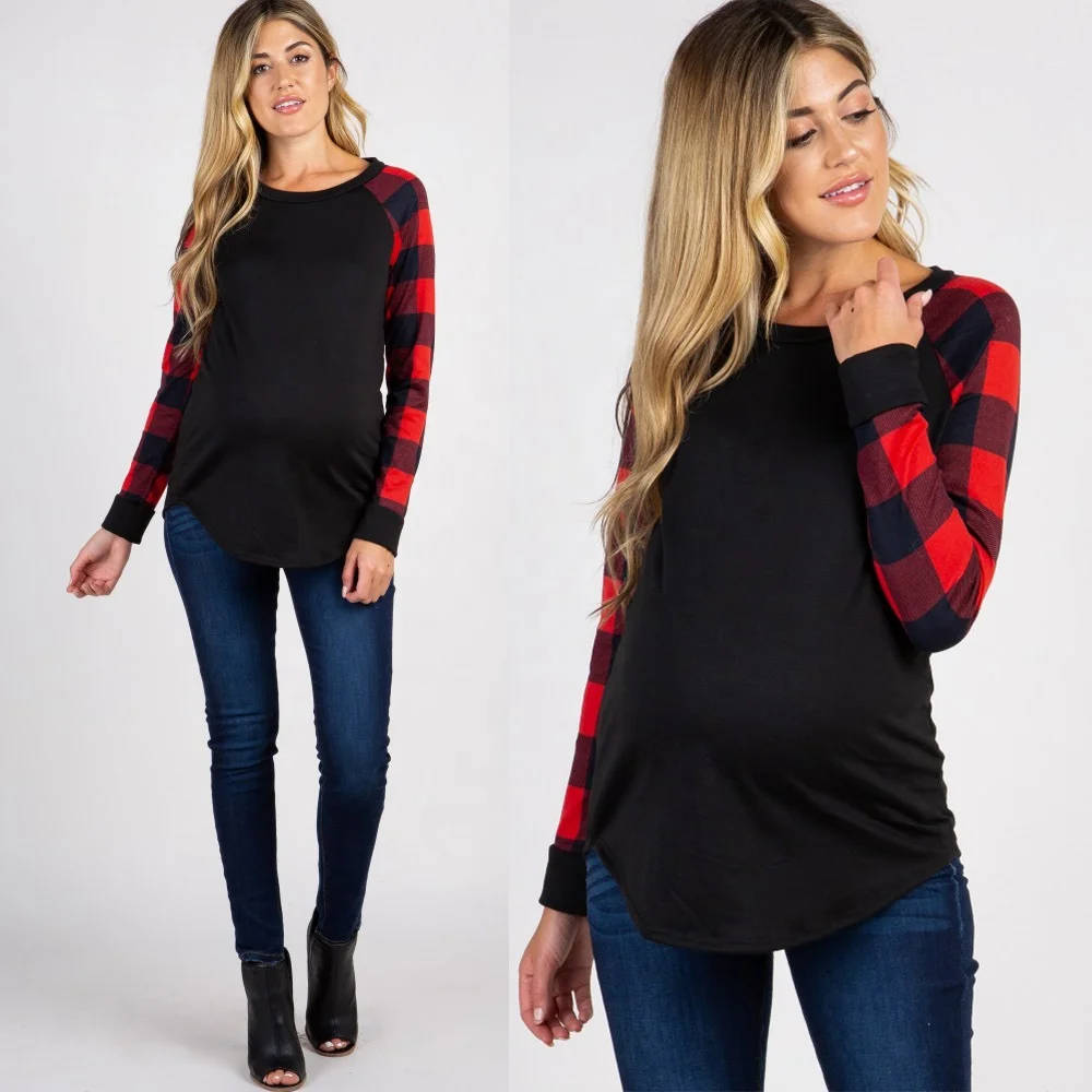 Round neck printed plaid long-sleeved maternity top  Lady Maternity Dress