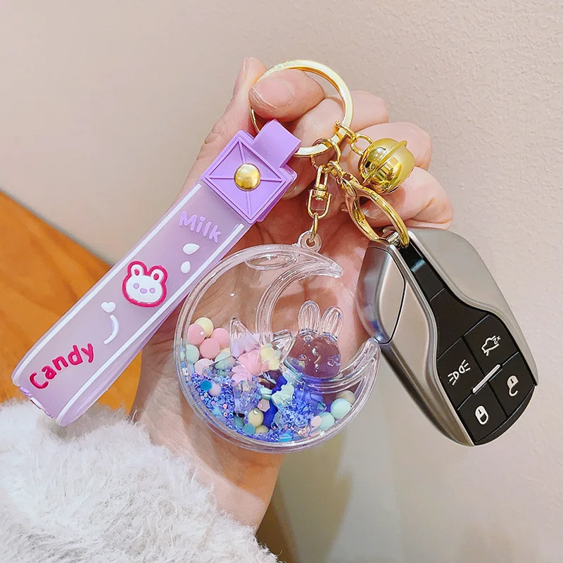 Oil in acrylic quicksand colored beans Moon Rabbit key chain cute couple car key chain bag pendant gift Promotional Girl Women