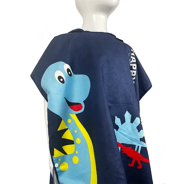 Customized Multifunctional Cartoon Printed Pattern Hooded Adjustable Wearable Microfiber Poncho Beach Bath Towel For Kids