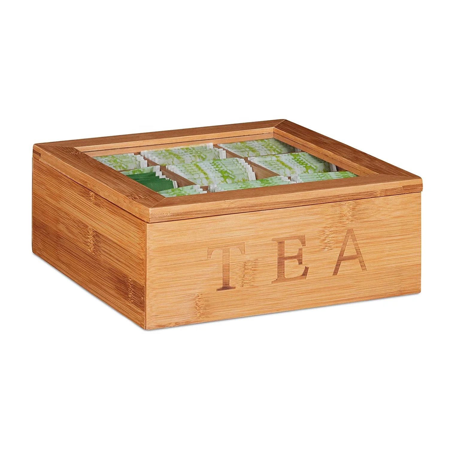 
Natural Bamboo Tea Box Storage Organizer- 9 Compartments Tea Bag Holder with Clear Glass Lid 