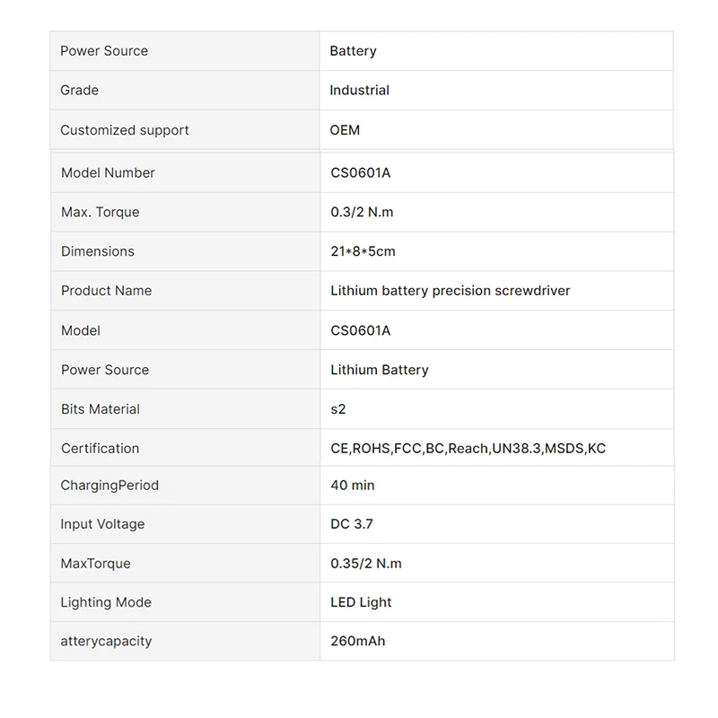 CS0601A USB Cordless Mini Electric Precision Magnetic Screwdrivers Set with Bits