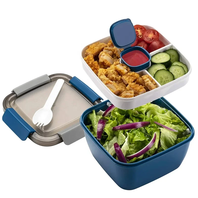 Portable Salad Lunch Container Salad Bowl 3 Compartments BPA-Free Lunch Box With Dressing Cup,Large Bento Box Lunch Box Plastic