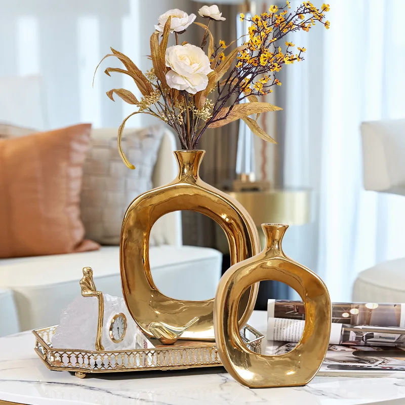 INS Circle Apple design hollow electroplated porch soft flower ware ornaments Golden Handmade table Metal Ceramic Vase