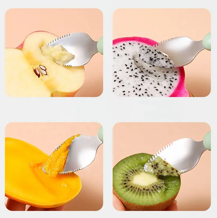 Baby Feeding Fruit Stainless Steel Double Head Spoon Baby Food Grade Silicone Fruit Puree Spoon