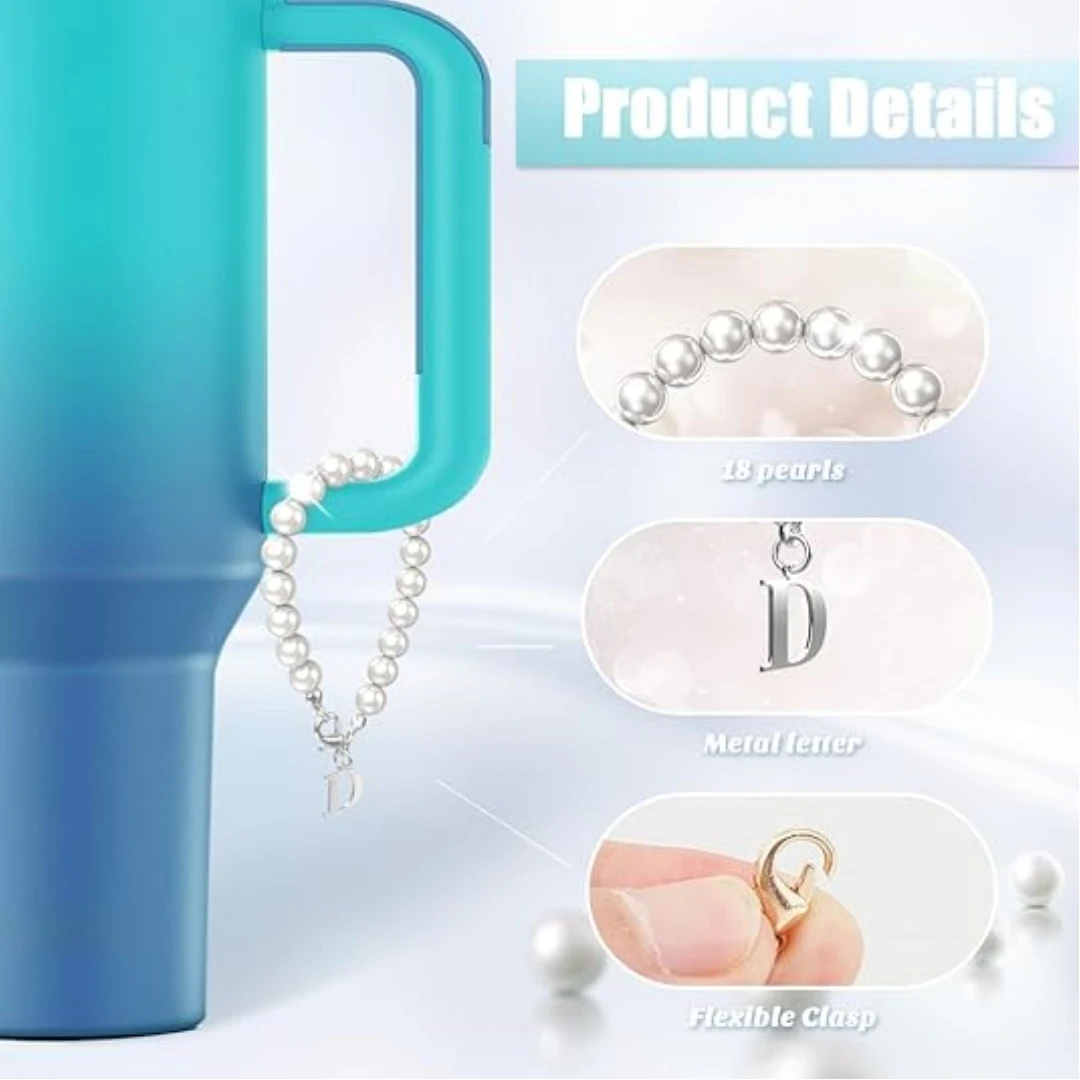 Stainless Steel Letter Charm Accessories for Stanley Cup with Pearl Chain Name ID Personalized Handle Charm for Stanley Tumbler