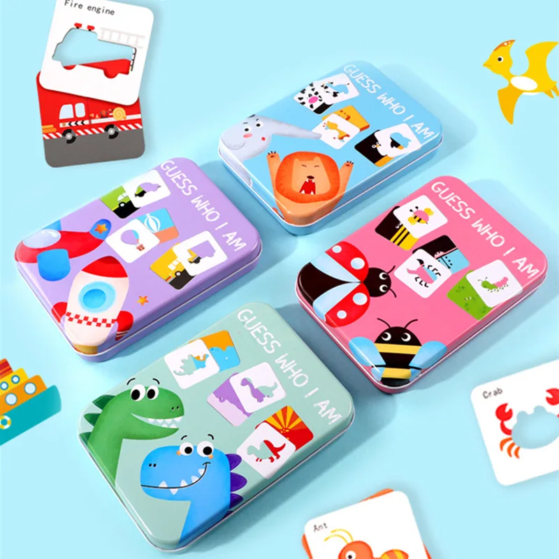 kids learning Fun Guess Who I Am Jigsaw Puzzle Game For Young Children Puzzle Cartoon Animal Shape Matching Word Cognitive Toy