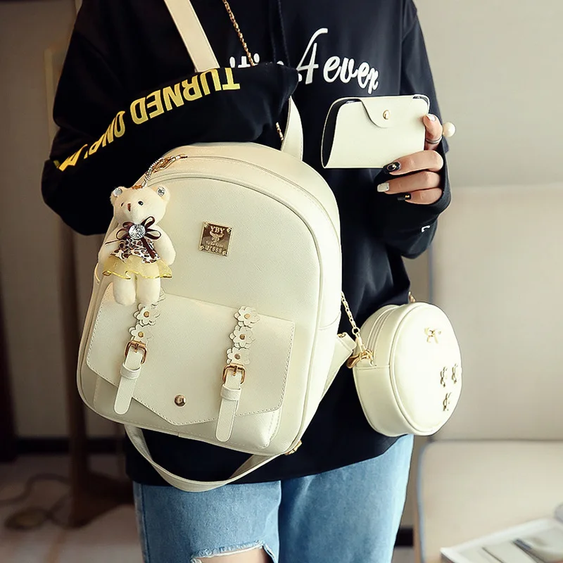 
Wholesale Fashion Waterproof PU Korean Large Capacity Backpack 3 Piece Set Schoolbag with Bear Pendant Girls Handbag 