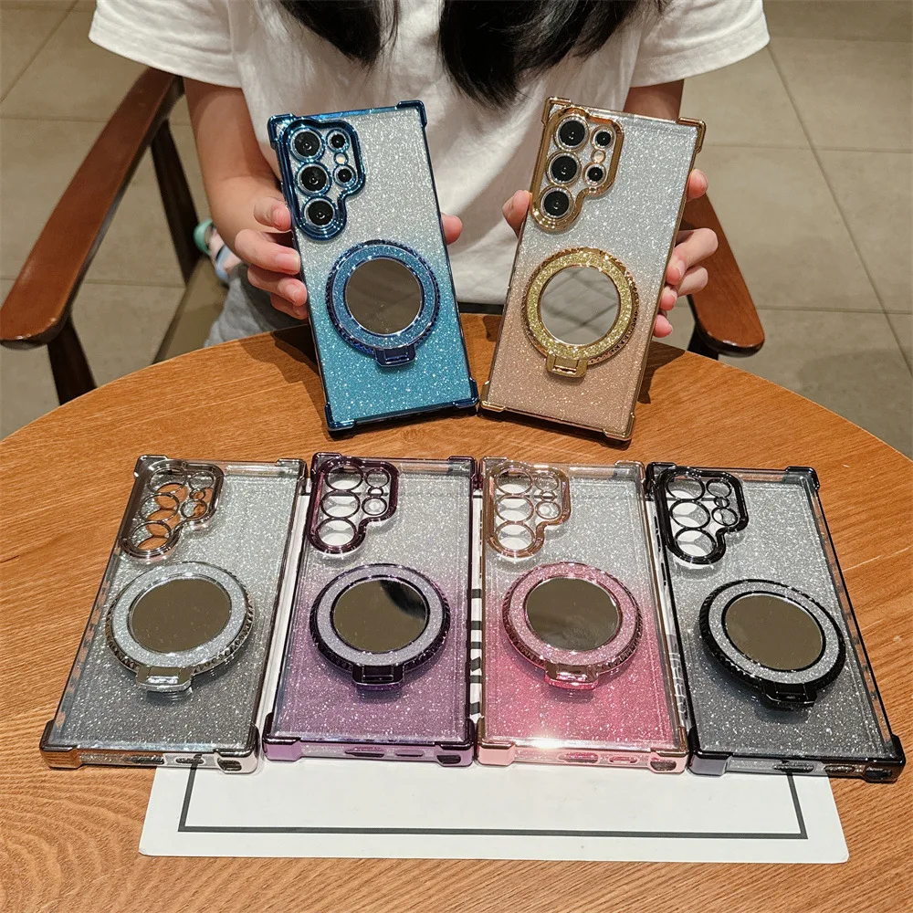 For Samsung S24 Ultra Magnetic Phone Case Electroplating Mirror bracket A55 Luxury Glitter Phone Case Shockproof Back Cover
