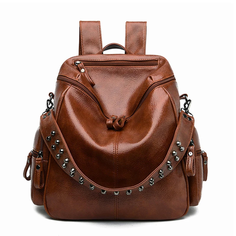 High Quality Leather School Bags Rivet Moto Style Women Backpacks Vintage Soft Lady Shoulder Bags Designer woman Backpack