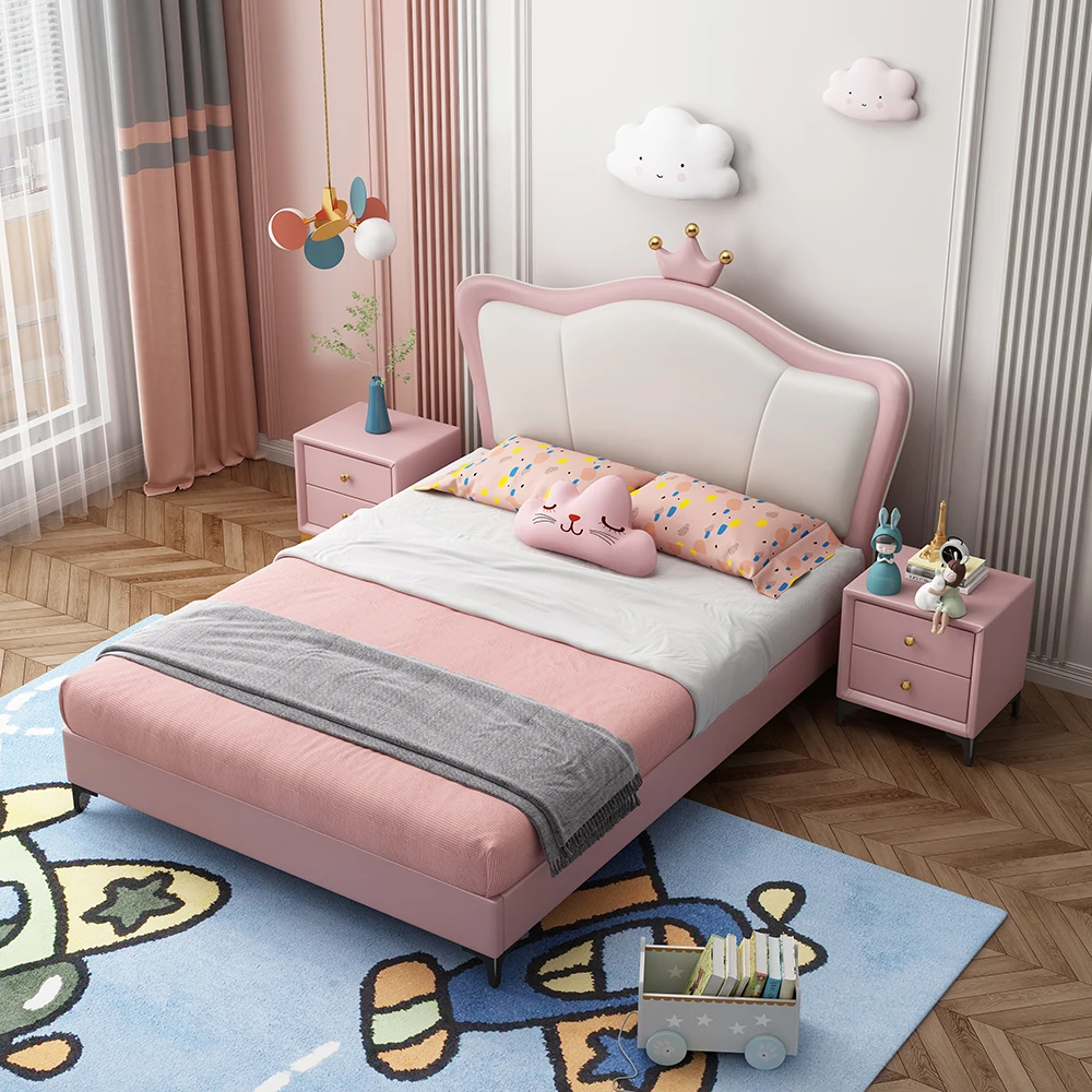 Hanyee Children Bed Girl Princess Bed Sheet Solid Wood Storage Kids Room Furniture Set Bedroom Furniture Modern Baby 1 Set Pink