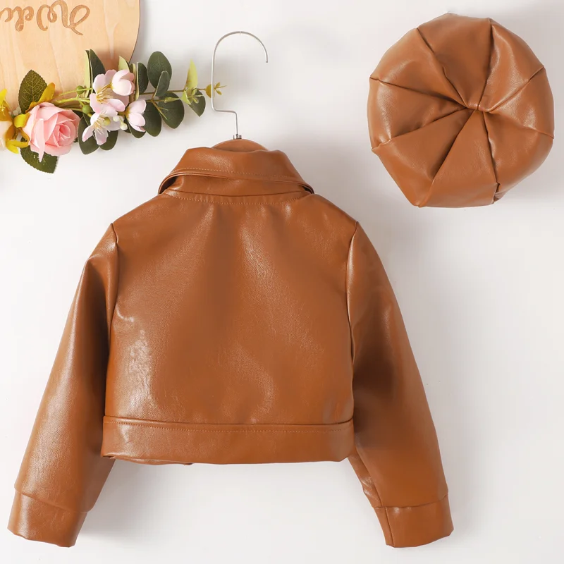 Fashion 2-7 Years Toddler Girls 2pcs Leather Jacket Hat PU Motorcycle Outerwear Ruffle Zipper Coat