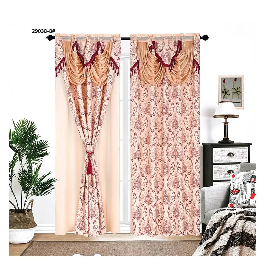 2pcs Beige Jacquard  Curtains Valance Fabric With Taffeta Backing And Tassels Design