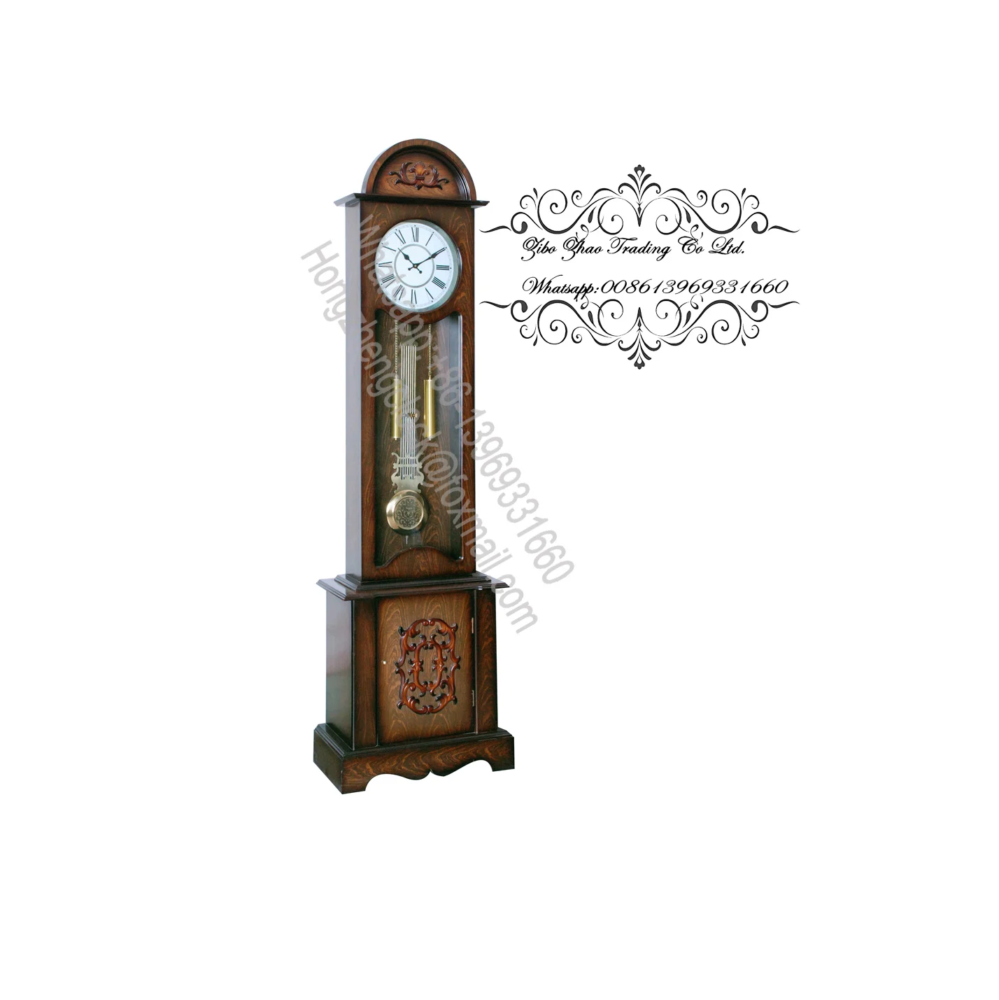 The weight shells are finished in brushed antique brass Grandfather clock made Hand-rubbed Windsor Cherry finish
