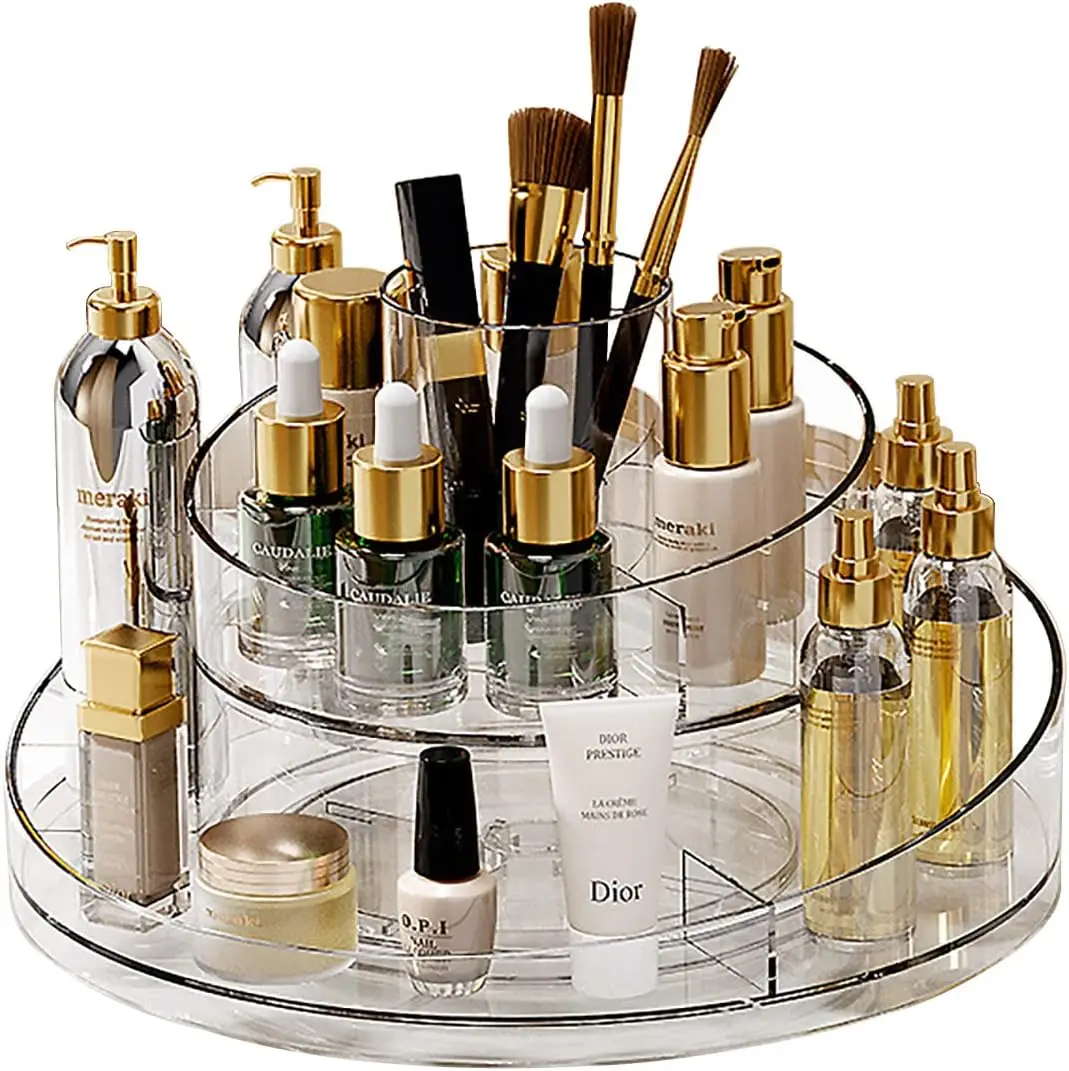 2 Tier Lazy Susan  Acrylic Makeup Organizer Tray 360 Rotating Cosmetics Display Case Turntable Makeup Brush eyeshadow holder