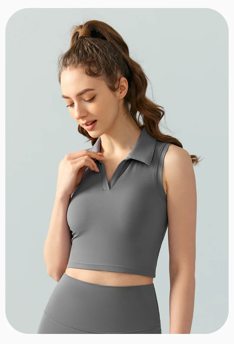 Wholesale Breathable Fitness Running Crop Tops Lapel Sleeveless Fixed Pad Vest Slim Thin Sports Top Yoga Tank Top For Women