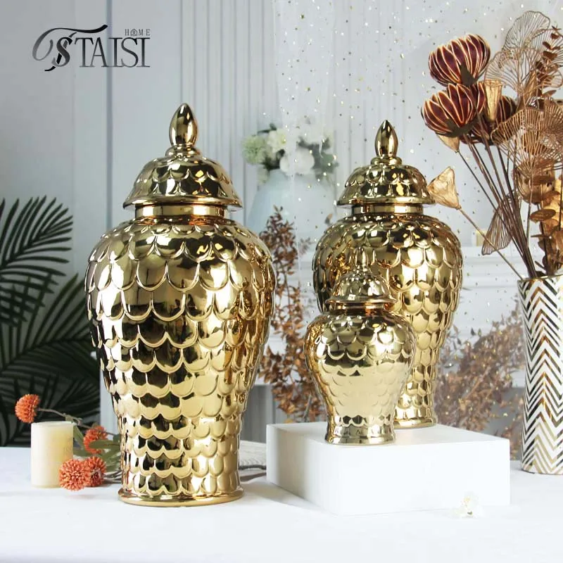 J309G Nordic electroplated gold vase 18 inch scale gold ginger jars gold living room decor