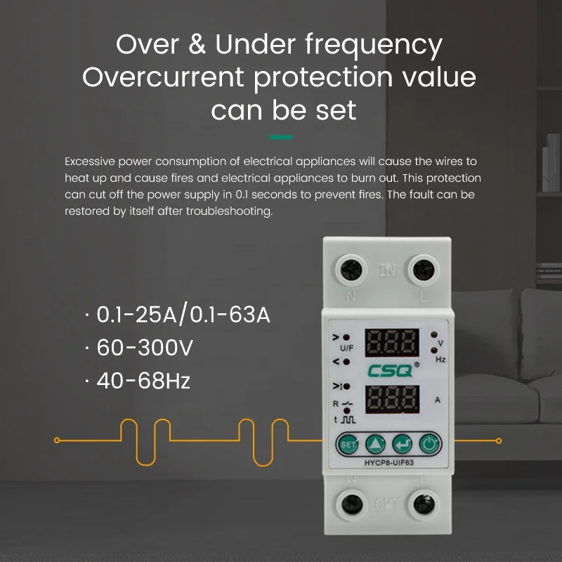 CSQ HYCP8 Digital Current Voltage Protector 25A 63A 60-300V Din rail Adjustable Over Under Voltage VA Protector