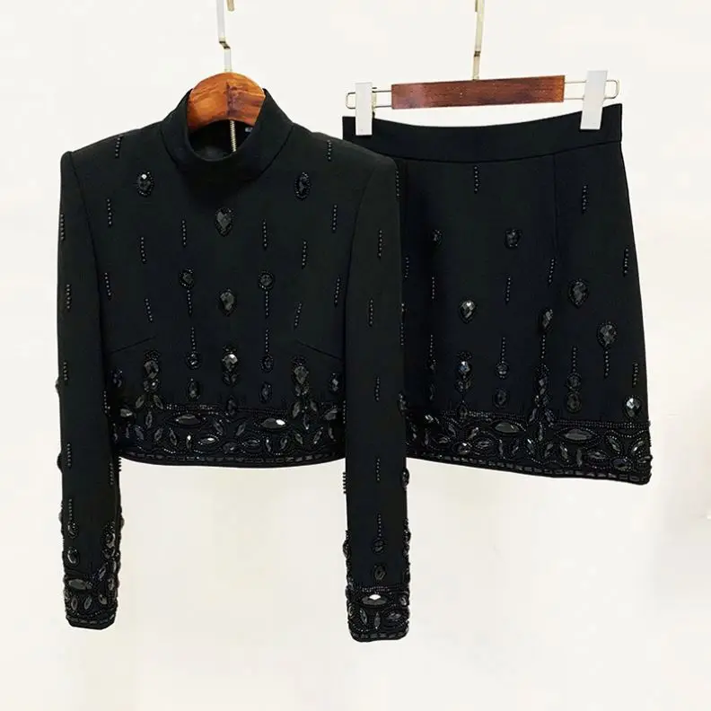 Bettergirl 2024  New Heavy Industry Beads Diamond Inlaid Short Top Mid-Length Dress Two-Piece Set