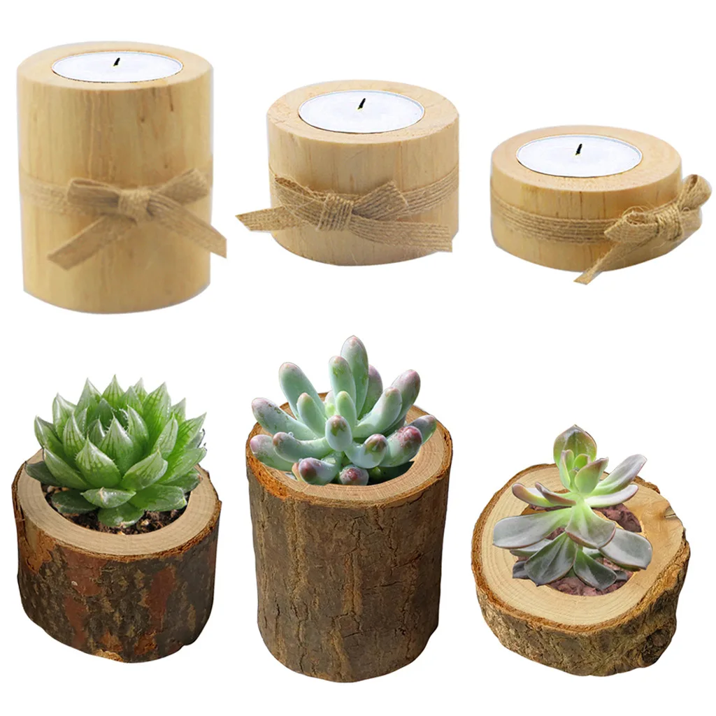 Personality Home Decor Creative Rustic Tree Stump Small Flower Pot Custom Wood Crafts Handmade Natural Wooden Candle Holder