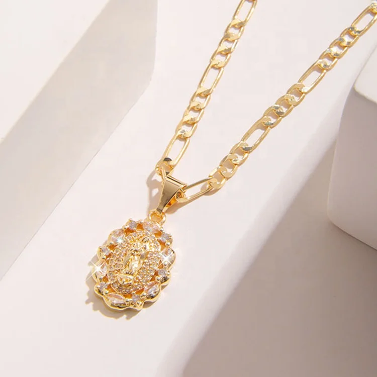 New Products Fashion Jewelry 14K Gold Plated Virgin Mary Saint Pendant CZ Zirconia Stone Religious Pendants Necklace