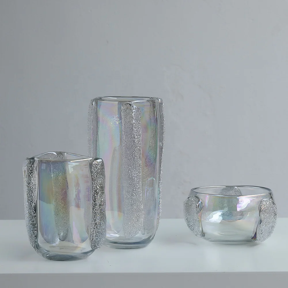 Bixuan Handblown Clear Glass Vase with Pearl Luster and Embossed Sprays Design Home Decor Table Centerpiece Thick Heavy Vases