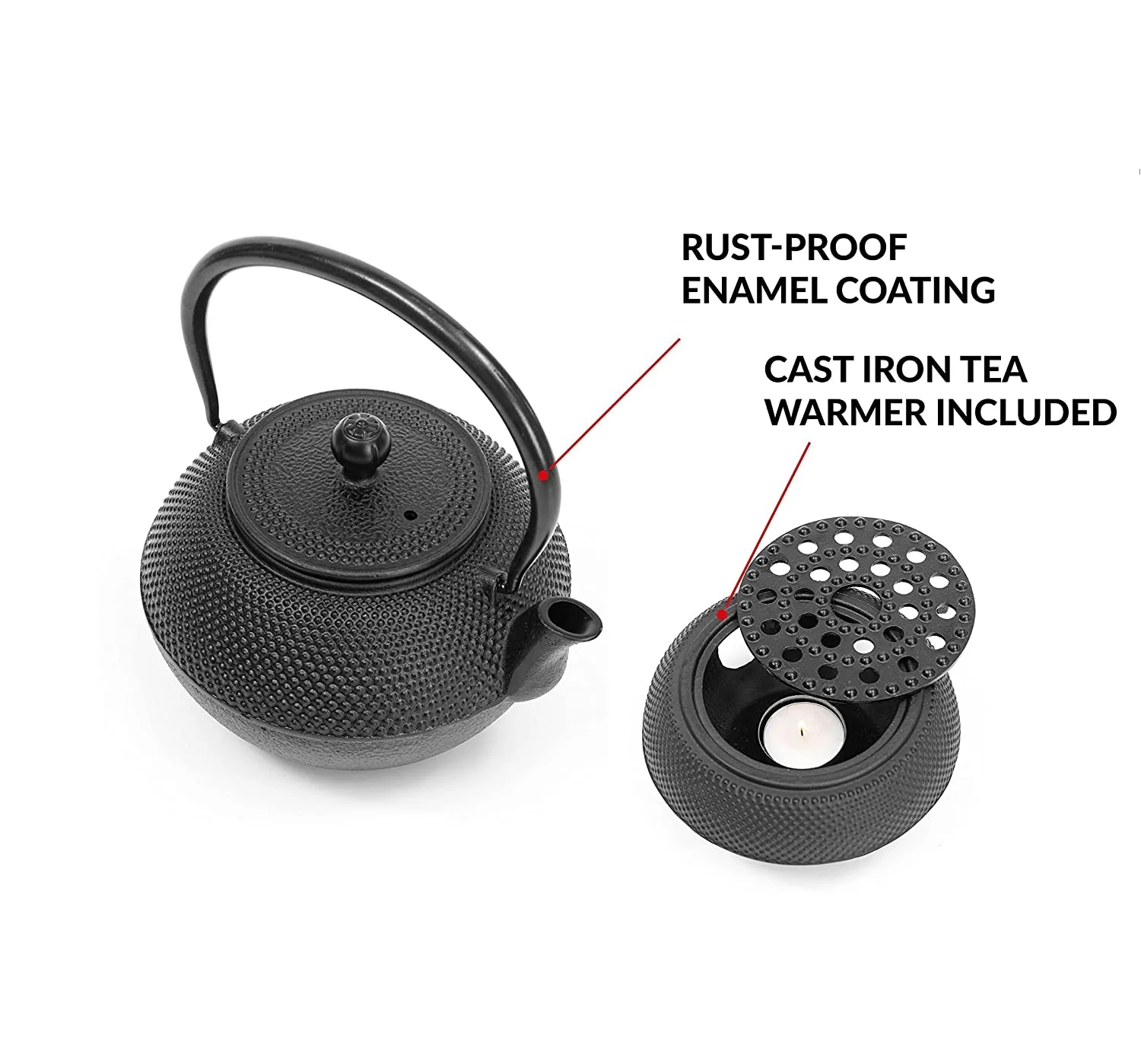 Customized Cast Iron Teapot Set 40oz Enamel Coated Cast Iron Tea Kettle with Tea Cups, Saucers, Infuser & Warmer