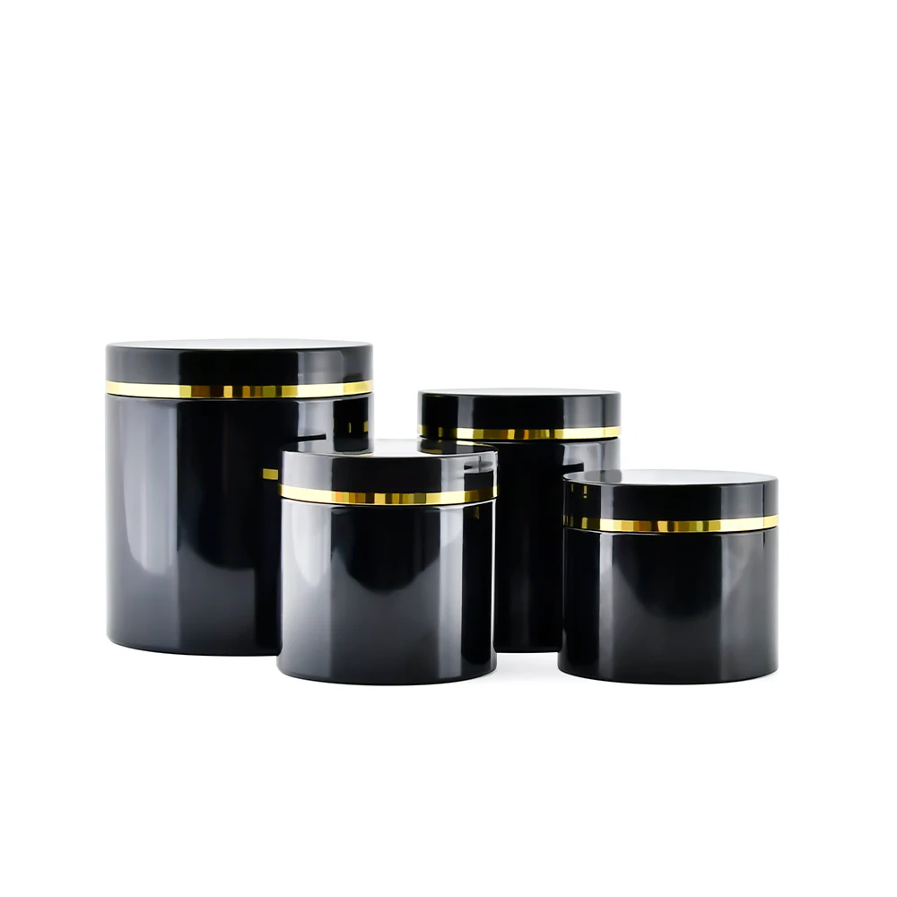 Cosmetic Packaging 100ml 150ml 200ml 250ml 300ml 500ml Black Pet Plastic Cosmetic Cream Jar with Black Lid Gold Edge