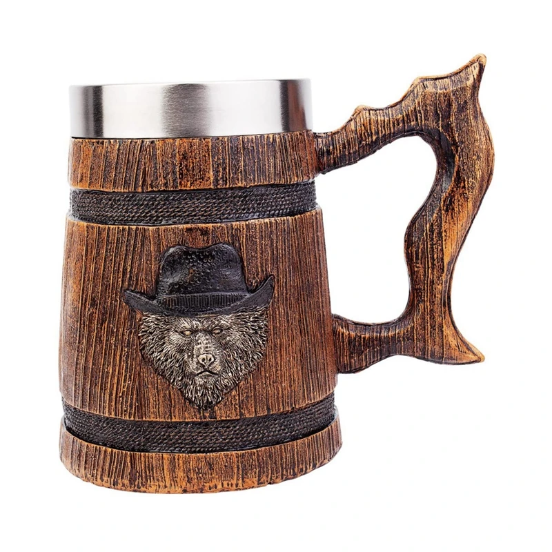 Antique Barrel 550ML Viking Drinking Cup Stainless Handmade Wood Style Beer Mug