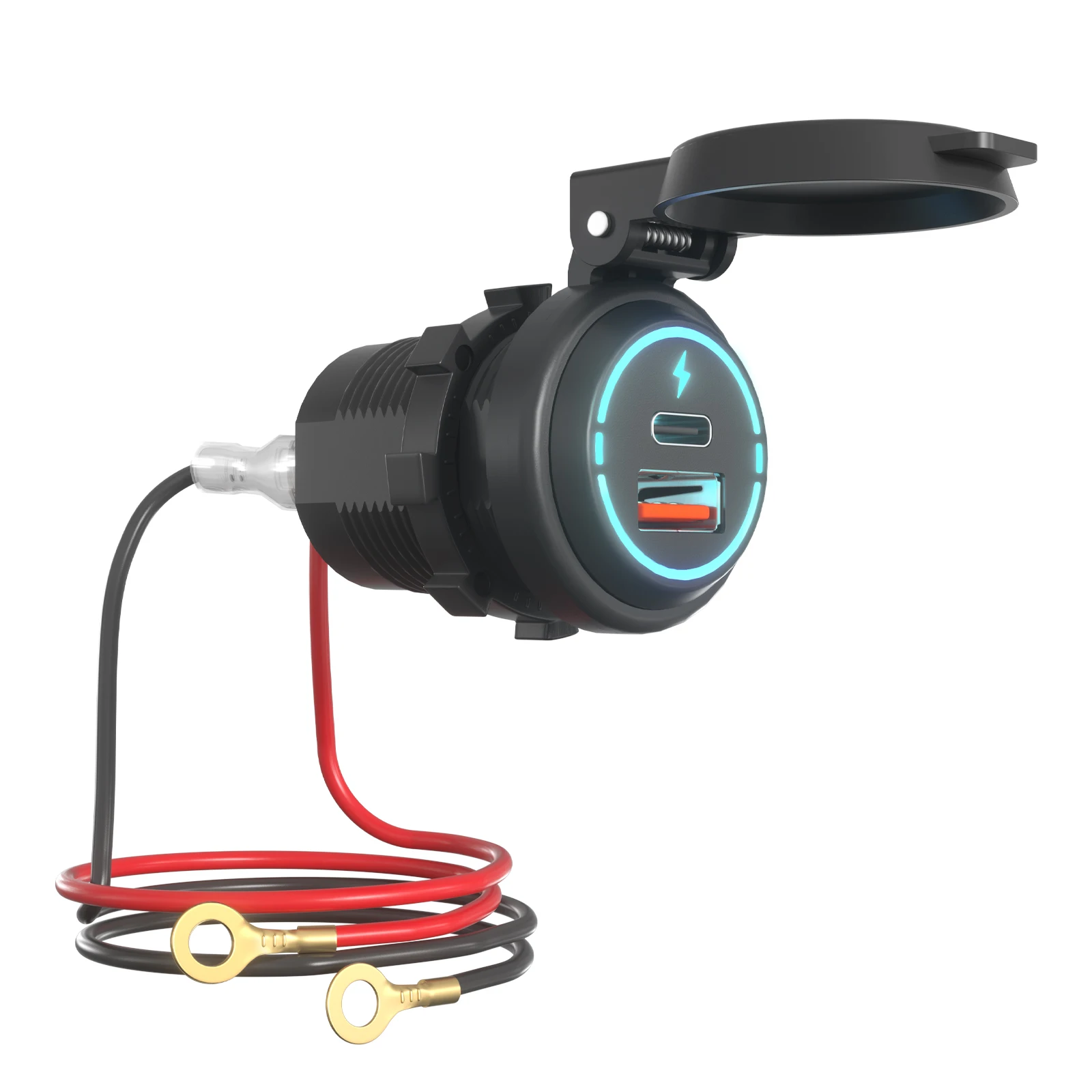 Waterproof LED Light Ring A+C Dual Port Socket Mobile Phone USB Car Charger for Car Motorcycle Bus Boat Marine Truck Bike