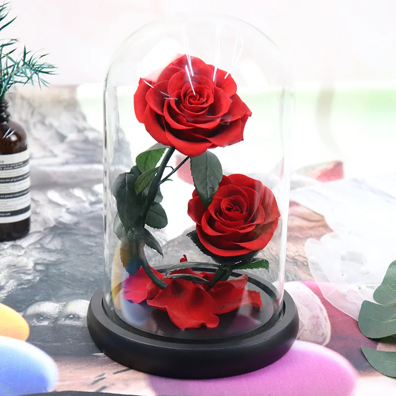 Wholesale Eternal 3 Beauty Rose Valentine Gifts Glass Dome Flower Preserved Rose in Glass Gift Box Valentine Custom Logo