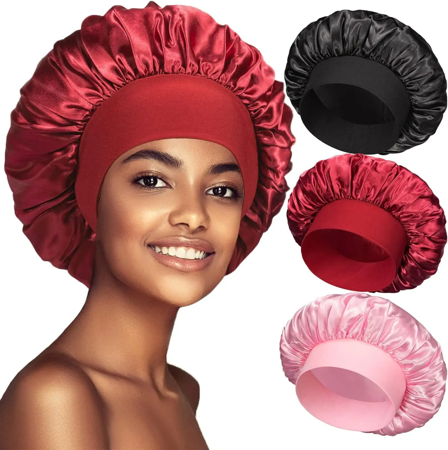Custom Logo Silk Stain Hair Bonnets With Elastic Soft Band Beauty Soft Bath Cap Satin Wrap Night Sleep Bonnet