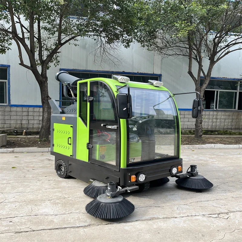 Color Green Electric Floor Sweeper cleaning machinery battery powered ride-on street vacuum scrubber with Water spray equipment