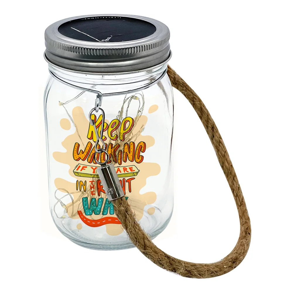 Wholesale blank Custom photo  glass solar LED Light sublimation Mason jar with hemp cord at night